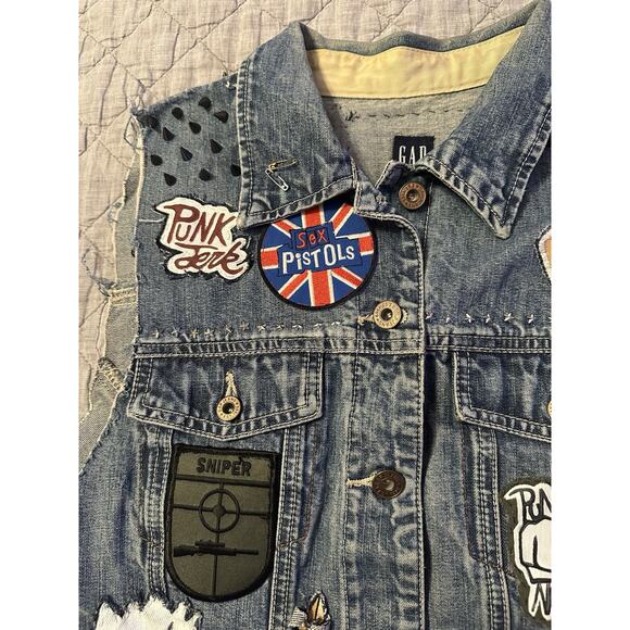 Jean Jacket Vest Rock Punk Patches L Denim Gap Studded Handmade Band Concert - Picture 4 of 11